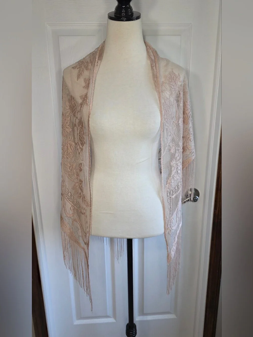 Floral Lace Fringe Shawl Scarf Wrap in Cream Blush Beige